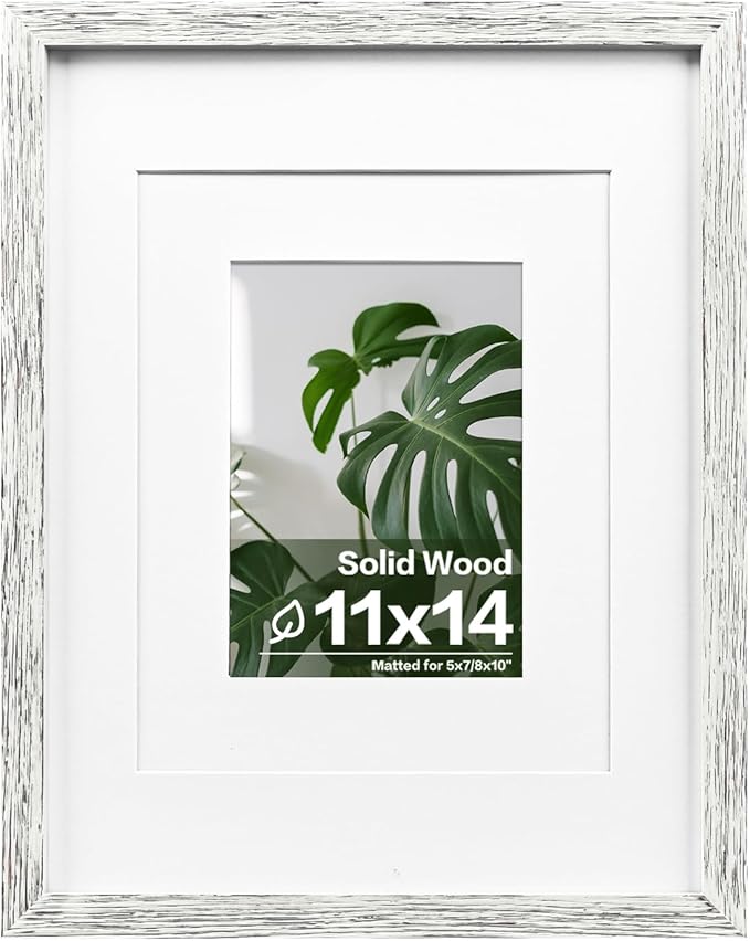 Egofine 11x14 Picture Frames Made of Solid Wood with Plexiglass, Display Pictures 5x7/8x10 with Mat or 11x14 Without Mat for Tabletop and Wall Mounting, Driftwood White