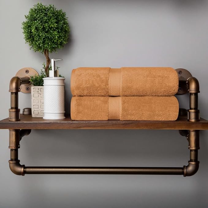 Superior Egyptian Cotton Pile Bath Towel Set of 2, Ultra Soft Luxury Towels, Thick Plush Essentials, Absorbent Heavyweight, Guest Bath, Hotel, Spa, Home Bathroom, Shower Basics, Rust