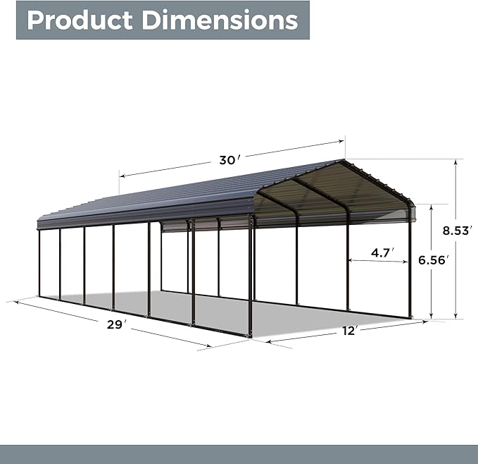 GREEN PARTY 12 x 30 ft Metal Carport Kits with Galvanized Steel Roof, Heavy Duty 2 Car Metal Carport Canopy, Outdoor Car Tent Metal Garage Shelter for Car, SUV, Truck and Boats, Grey