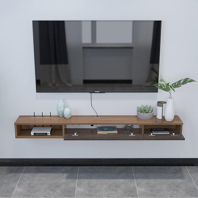 Pmnianhua Floating TV Shelf,70'' Wall Mounted Floating TV Stand Unit Media Console Wall TV Console Cabinet Media Entertainment Shelf with 2 Doors for TVs up to 75'' (Walnut)