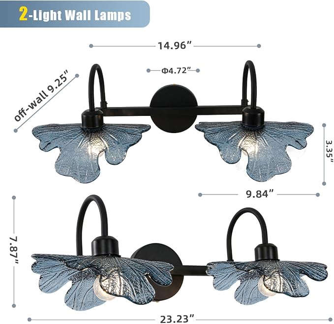 Bathroom Lights fixtures Matte Black Wall Sconce 2 Light Vanity Light Bathroom Wall Sconce Light Vintage Wall lamp Blue Glass Art Deco Vanity Lights Over Mirror for Bedroom Hallway Living Room
