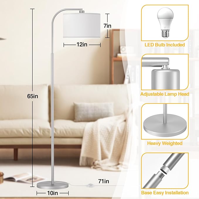Arc Floor Lamps for Living Room with 3 Color Temperatures, Modern Floor Lamp Reading Light with 9W Bulb Included, Standing Lamp with Adjustable White Hanging Shade for Bedroom Office(Silver)