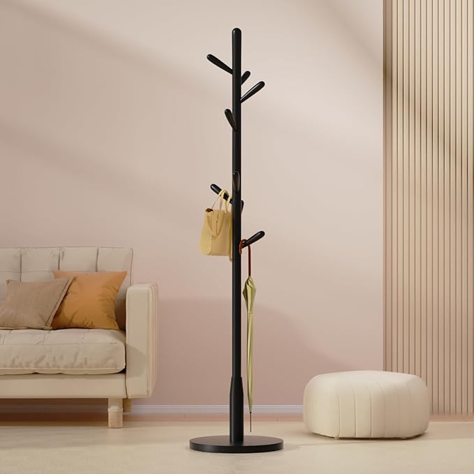 Solid Wood Round Base Coat Rack, Free Standing Hall Coat Tree with 8 Hooks（+2 spare for Coats, Hats, Bags, Purses, for Entryway, Hallway, Rubberwood Hooks,Base and Pole(Round Base,Black)