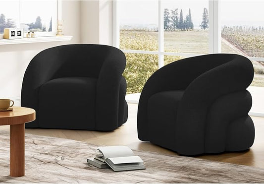 Swivel Accent Chair Set of 2,Upholstered Sherp Barrel Armchair 360° Round Modern Boucle Chair No Assembly for Living Room,Comfy Single Sofa Chairs for Bedroom(Black)