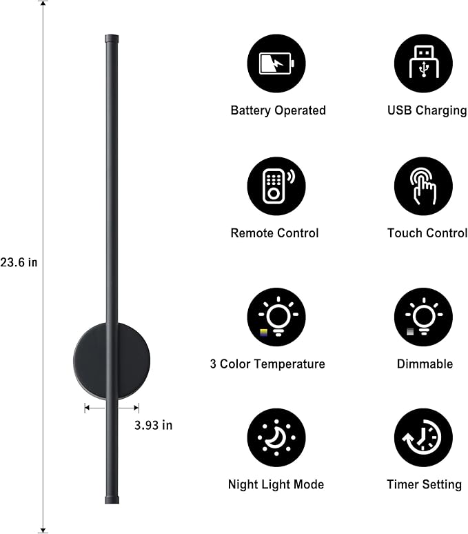 Battery Operated Modern Wall Sconces, Dimmable Wireless Wall Light Set of Two with Remote Control, 3 Color Temperatures, Rechargeable LED Wall Sconce for Bedroom, Living Room, Hallway, 23.6 Inch Black
