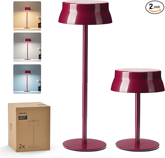 Philips Cordless Table Lamp, Portable Outdoor LED Desk Light,Rechargeable Battery Operated, 2 Adjustable Height, Touch Control & 3 Color Stepless Dimming, Waterproof Lamps for Restaurant/Bedroom