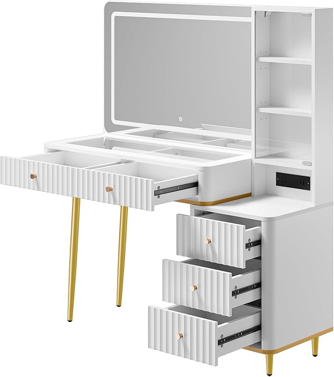 Fluted Vanity Desk with 36" Mirror and Lights, Makeup Vanity Desk with Glass Top, Dressing Table with 5 Drawers & Shelves, Wood Vanity Table for Bedroom(White)
