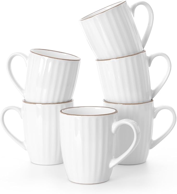 famiware Coffee Mugs Sets for 6, Eden 12 oz Mug Set, Coffee Cups with Handle for Coffee, Tea, Cocoa and Milk, Microwave and Dishwasher Safe, White Stripe