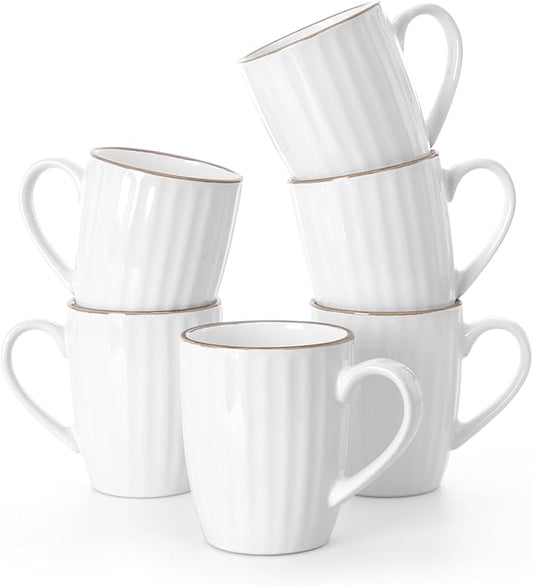 famiware Coffee Mugs Sets for 6, Eden 12 oz Mug Set, Coffee Cups with Handle for Coffee, Tea, Cocoa and Milk, Microwave and Dishwasher Safe, White Stripe