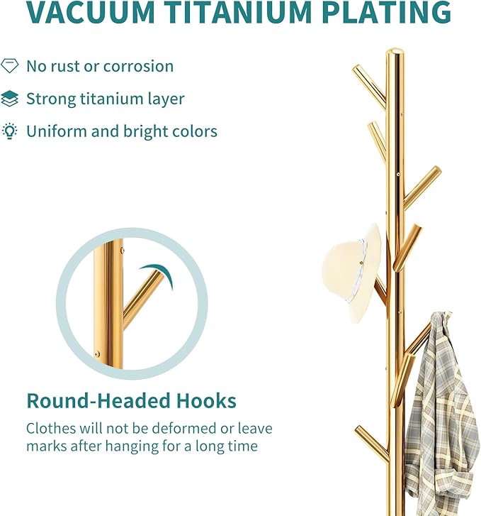 Coat Rack with Natural Marble Base, Solid Stainless Steel Coat Racks Freestanding, Coat Rack Stand with 8 Hooks, Coat Tree Hats Hanger for Entryway, Hallway (Golden)