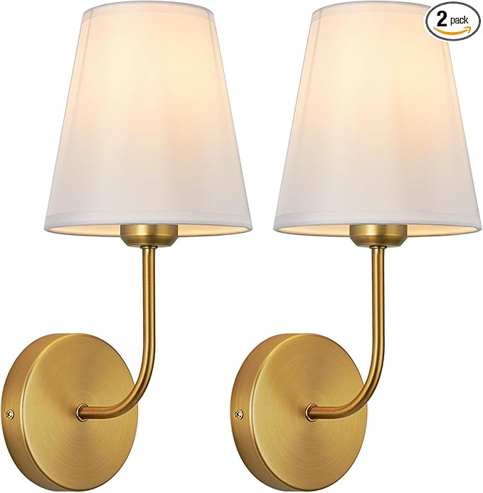 Antique Brass Hardwired Wall Sconce Set of 2 - Matte Gold Finish with White Fabric Shades，Bedroom Lighting, Living Room, Farmhouse, Fireplace, Hallway, Bedside Lamp,bathroom Hardwired Wall Lights