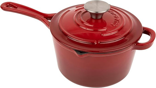 Larder & Vine Enameled Cast Iron Saucepan | 2.2 qt Sauce Pan with Lid | Saucepan with Pour Spouts | Enameled Cast Iron Pot Compatible on All Cooktops & Oven Safe to 500° F | Cabernet