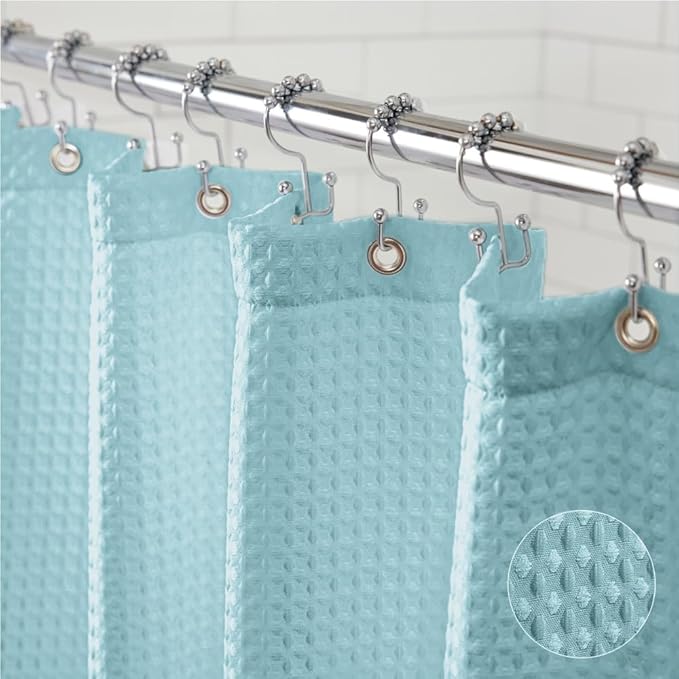 GORILLA GRIP Waffle Shower Curtain, Thick Weighted Fabric, Wrinkle and Rust Resistant, Classic Hotel Quality Design, Heavy Duty Long Curtains for Bathroom Showers Bath Tubs Machine Wash 72x72 Spa Blue