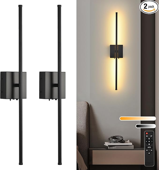 Battery Operated Wall Sconces with Remote Control, 11000mAh LED Wireless Rechargeable Black Wall Lights, 350°Rotate Dimmable Wall Lamp, 3 Color Temperatures, for Bedroom, Living Room, Hallway, 2 PCS