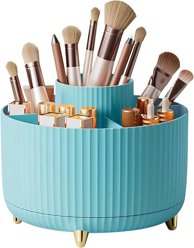 DASITON Large Capacity Makeup Brush Holder,360° Rotating Makeup Organizer,5 Slot Makeup Brushes Cup,for Vanity Decor,Bathroom Countertops,Desk Storage Container,Cosmetic Display cases(Blue)