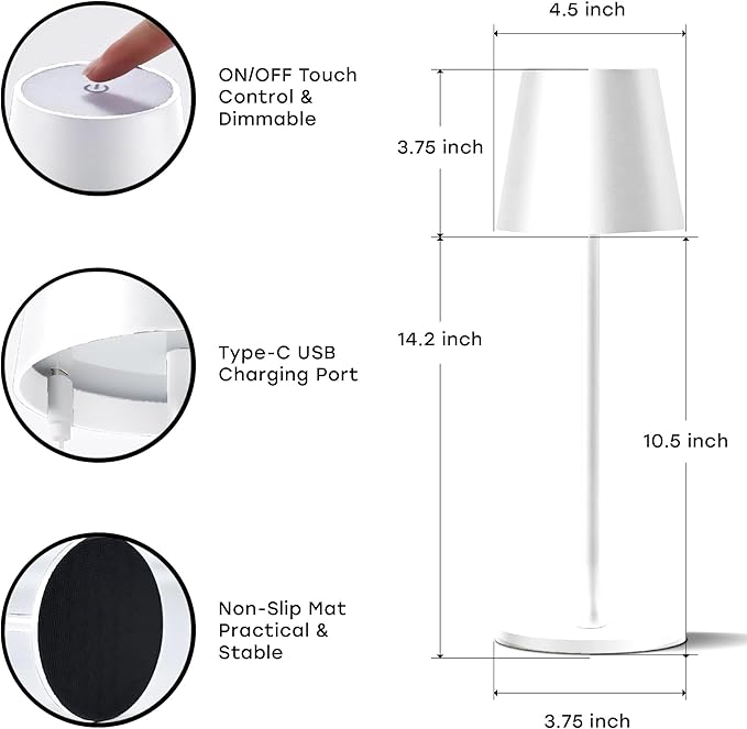 2 Pack Cordless Table Lamp,Portable LED Desk Lamp, 5200mAh Battery Operated, 3 Color Stepless Dimming Up, for Restaurant, Bedroom, Bars, Outdoor Party, Camping, Coffee Shop Night Light White