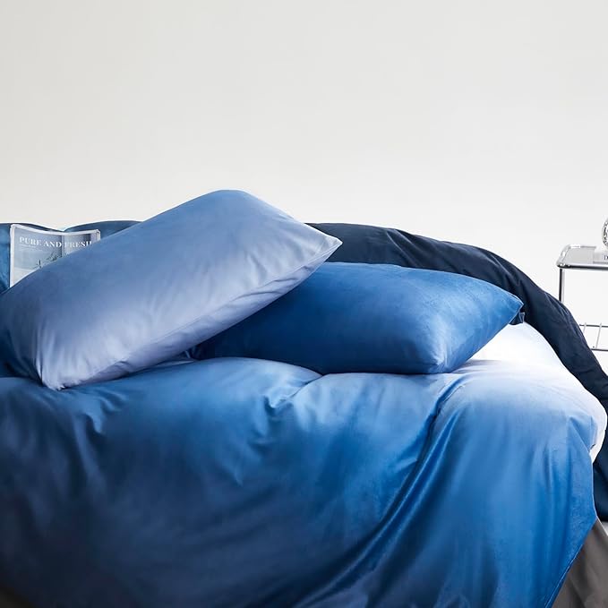 Luxlovery Blue Gradient Velvet Comforter Full Fluffy Plush Flannel Bedding Set Full Men Women Army Blue White Winter Warm Blanket Quilts Thick Abstract Modern Sherpa Micromink Comforter Set
