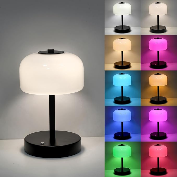 PORTRES RGB Cordless Touch Table Lamp with 3 Color Temperatures 7 RGB Colors Rechargeable Battery lamp with Pickup Rhythm Light Glass Lamp Shade for Bedroom Outdoor Patio Restaurant Camping Black