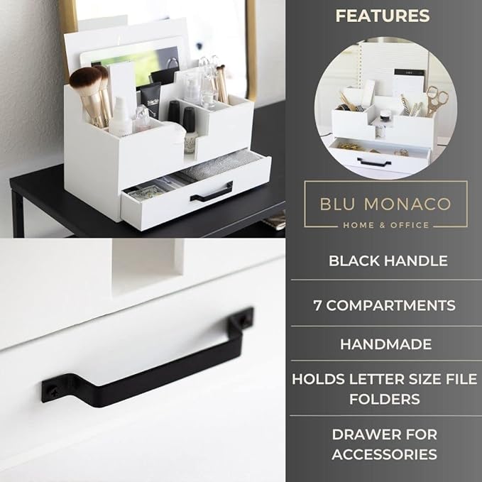 BLU MONACO White Wood Desk Organizer with Drawer – Home Office Accessories for Women – Compact Desktop Storage Solution