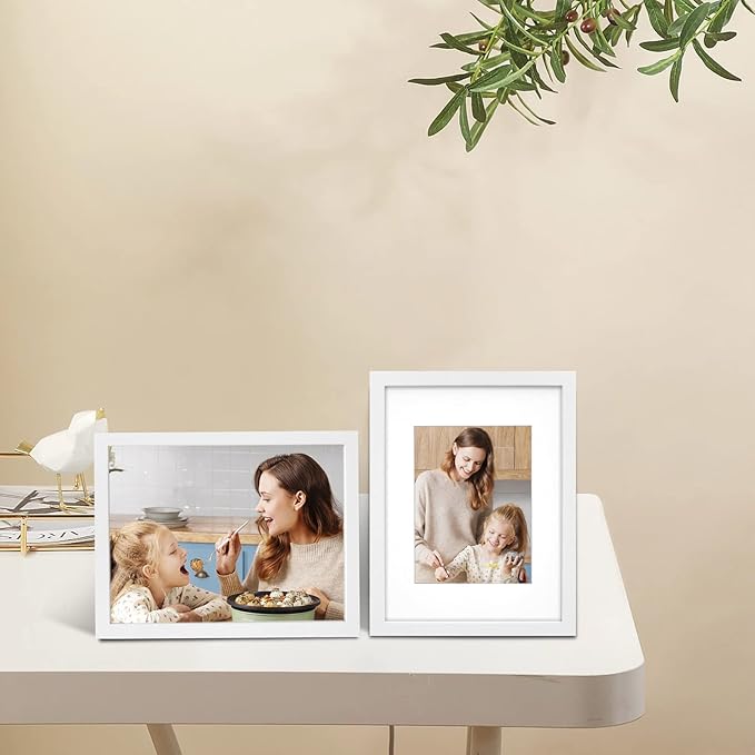 Egofine 9x12 Picture Frame Made of Solid Wood White Covered by Plexiglass, Wood Frame for Pictures 5x7 / 6x8 with Mat or 9x12 without Mat, Tabletop and Wall Mounting Display