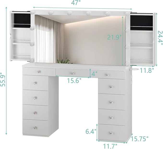 Likein Vanity Desk with Mirror and Lights, White Vanity with Jewelry Storage Cabinet, Makeup Dressing Table with 11 Drawers, Charging Station, Crystal Knobs, 3 Color Lighting Modes for Women, Girls