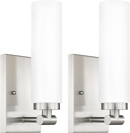 Emak Brushed Nickel Wall Sconces, 2 Light Bathroom Light Fixtures with Milk Glass Shade, Modern Wall Lights for Bathroom, Mirror, Living Room, Bedroom, Gallery, WS086-BN-ML-2PK