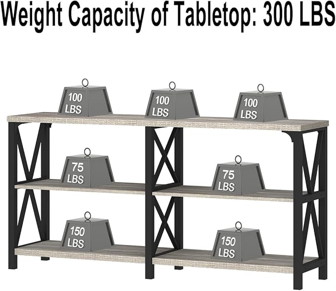 IBF Long Entryway Console Table, Industrial Metal Wood Entry Table with Storage Shelves, Modern Rustic 3 Tier Sofa Table for Entry Way Hallway Behind Couch Living Room Bedroom, Light Grey Oak, 63 Inch