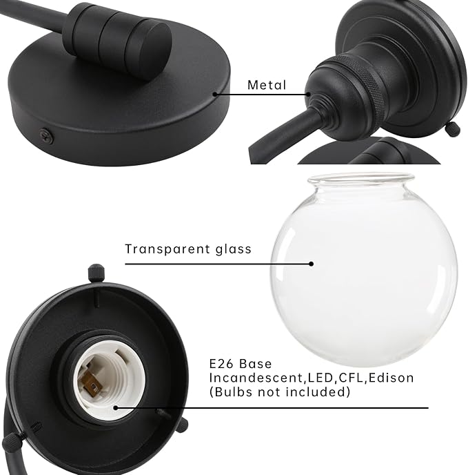 Industrial Vintage Gooseneck Wall Sconce 1-Light with 5.9” Round Clear Glass Globe Shade Indoor Wall Mounted Lamp Fixture