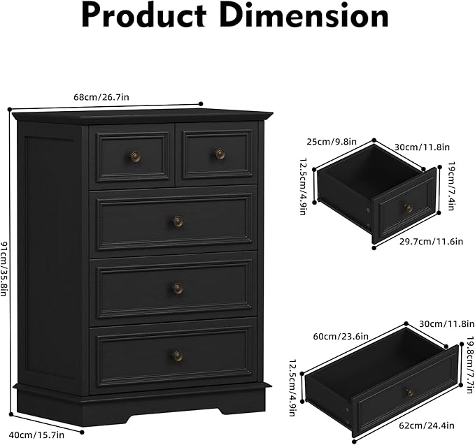 5 Drawer Dresser for Bedroom, Black Wooden Dresser and Chest of Drawers with Metal Handle, Bedroom Drawer Dressers for Living Room, Entryway, Hallway