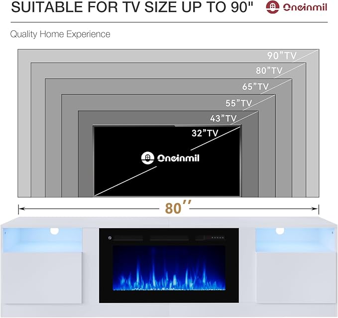 oneinmil 80” TV Stand with 36” Electric Fireplace, Large Modern Media Entertainment Center with Storage Cabinet and 12 Colors LED Lights for TVs Up to 90", White TV Stand and Black Fireplace