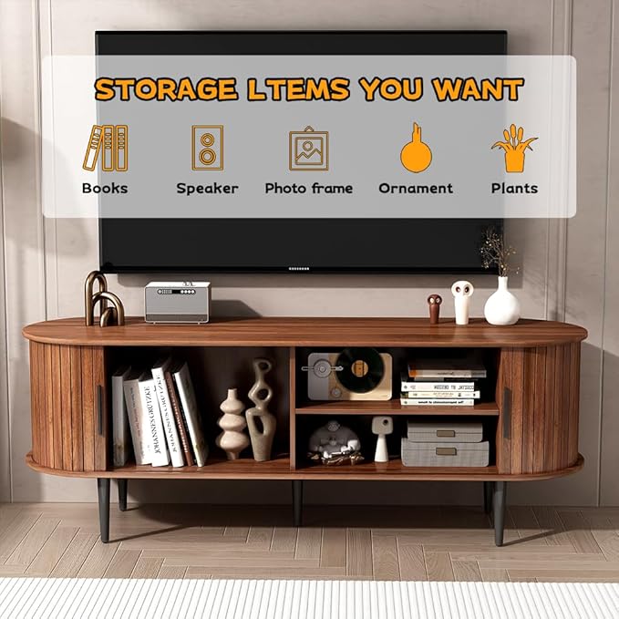 55" Mid-Century Modern TV Stand with Sliding Door & Storage | Walnut Media Console for Living Room | Gaming Entertainment Center Cabinet for Bedroom/Office (55")