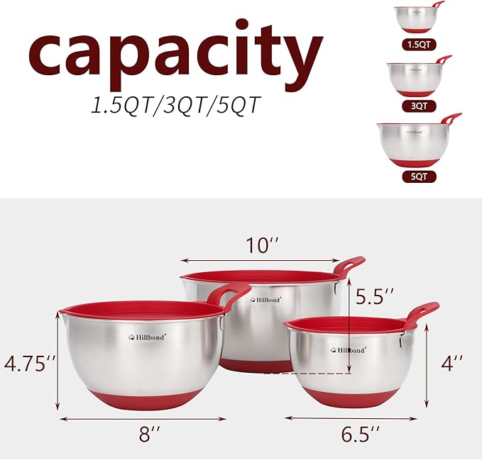 Hillbond Mixing Bowls with BPA Free Airtight Lids Nesting Bowls with Pour Spout, Silicone Handle and Non-Slip Bottoms for Baking, Stainless Steel Mixing Bowls Dishwasher Safe, 1.5, 3, 5 QT (Red)