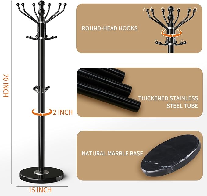 Metal Modern Coat Rack Stand, Sturdy Freestanding Coat Rack with Natural Marble Base, Coat Racks and Coat Hall Tree Hanger Stand for Entryway, Hallway, Office (16 Hooks-Black)