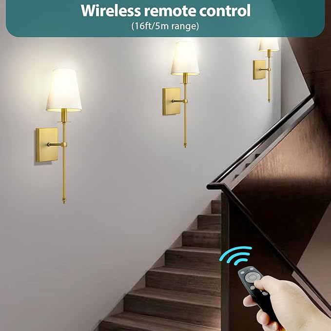 Battery Operated Wall Sconces Sets of 2,Brass Rechargeable Wall Lighting, 6000mAh Dimmable Detachable Bulbs and Remote Wall Lamp No Wiring for Bedroom Hallway ﻿