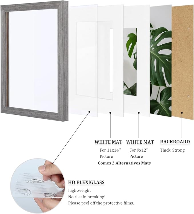 Egofine 12x16 Picture Frame Made of Solid Wood with Plexiglass, Display Pictures 9x12/11x14 with Mat or 12x16 Without Mat for Wall Mounting, Oak Grey