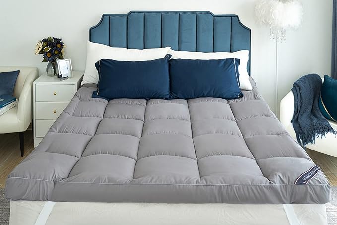 Marine Moon King Mattress Topper Cooling Extra Thick Plush Pillow Top Mattress Pad Hotel Quality Down Alternative for King Size Bed, Soft Bed Toppers for Back Pain, Grey