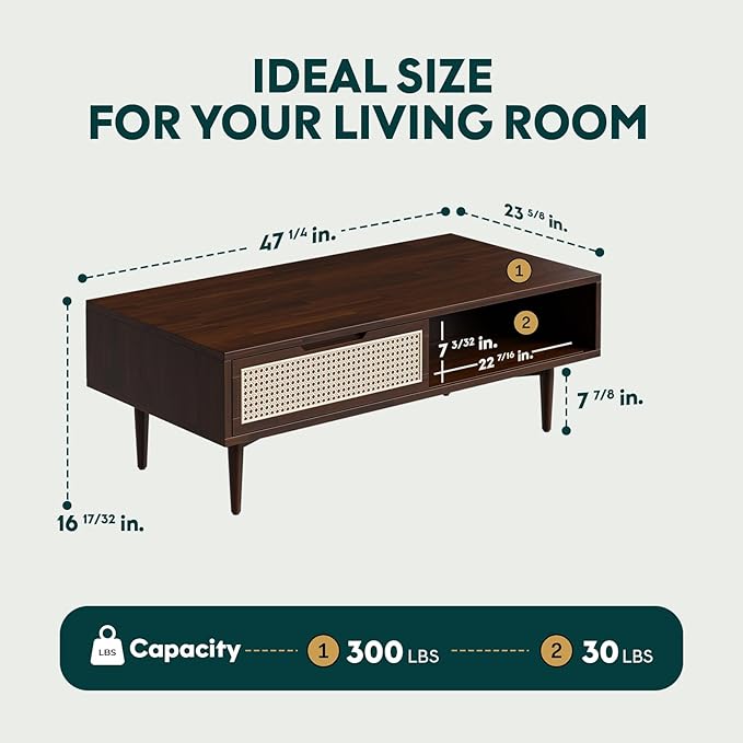 Bme Oliver Coffee Table, Mid Century Modern Coffee Table, Side Table with Storage, 2 Drawers & Open Compartments, Solid Wood Legs with Adjustable Levelers, Rattan Accent for Living Room, Walnut