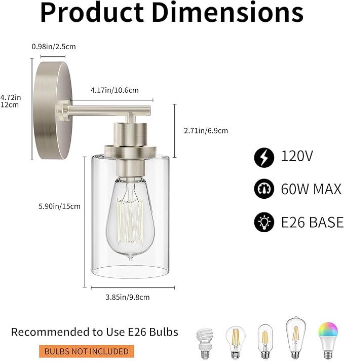 Bathroom Wall Sconces Set of Two: Brushed Nickel Vanity Light Fixtures with E26 Base LED Cordless Indoor Wall Mount Lamp for Mirror Bedroom Hallway Stairway Modern Decor Lighting