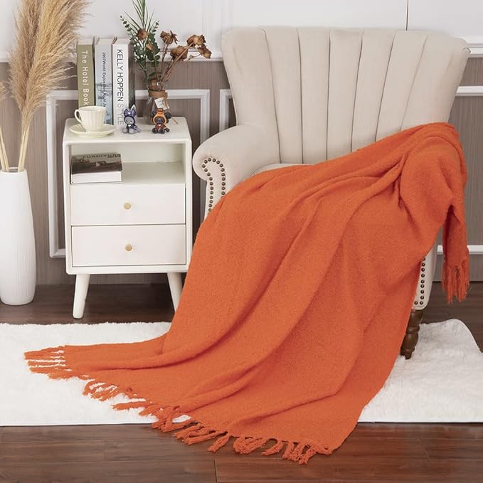 Gealaek Decorative Fluffy Faux Cashmere Throw Blanket Bright Orange Fringe Lightweight Fuzzy Soft Cozy Throws for Sofa Bed Farmhouse Throw Blanket 50" x 60"