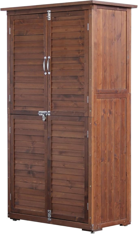 Outdoor Storage Cabinet, Wood Garden Shed, Pool Storage Shed with Lockable Door, Waterproof Roof and 2 Removable Shelves, Vertical Outside Storage Shed for Patio, Backyard, Carbonized Black