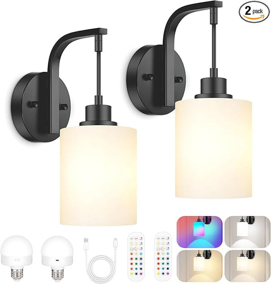 Wireless Rechargeable Wall Sconce Set of Two, 15Colors Black Battery Operated Wall Lights, 2 Milky Glass Wall Lamps with Remote and Dimmable Bulbs, Cordless Sconces Wall Decor for Bedroom Living Room