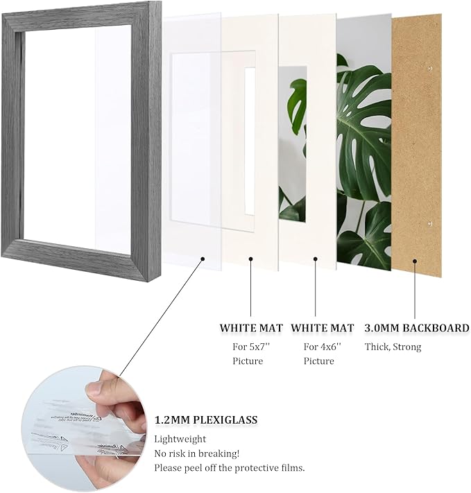 Egofine 6x8 Picture Frame Made of Solid Wood with Plexiglass, Display Pictures 4x6/5x7 with Mat or 6x8 Without Mat for Tabletop and Wall Mounting, Oak Grey