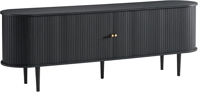 AMERLIFE 70" TV Stand with Solid Wood Legs, Mid Century Modern TV Console with Tambour Door for 80-inch TV, Dust-Proof Storage Cabinet for Living Room, Embossed Black