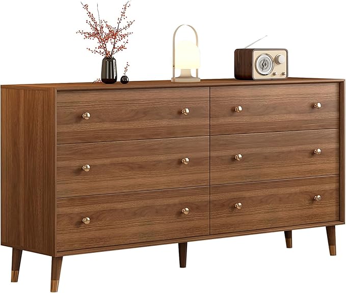Mid Century Modern 6-Drawer Dresser, 55 Inch Wide Solid Wood Frame Chest, Walnut Finish, Beveled Design, Heavy-Duty Drawer Glides, Storage Cabinet for Bedroom, Living Room, TV Stand