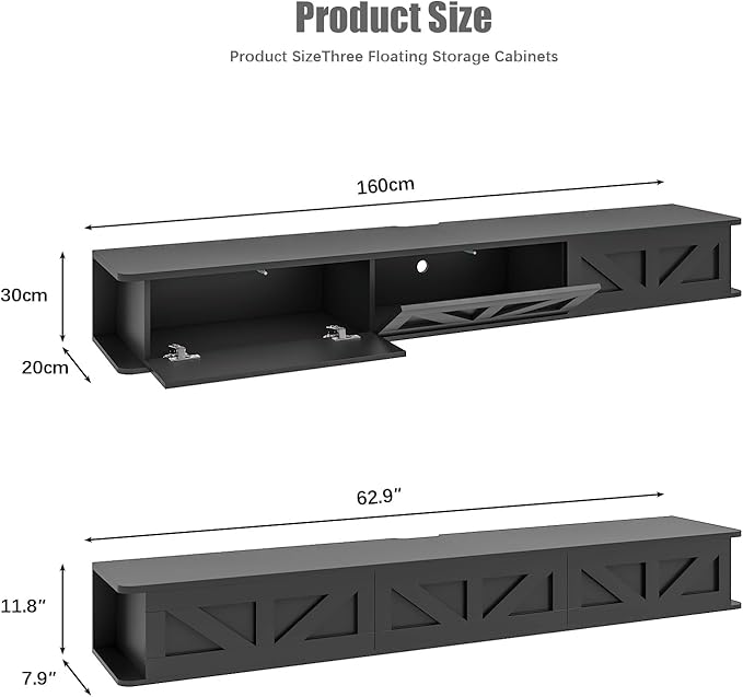 Black Floating TV Stand for 43 55 65 70 inch TV, Entertainment Center Media TV Console Shelf and Storage Drawers for Wall for Living Room Bedroom