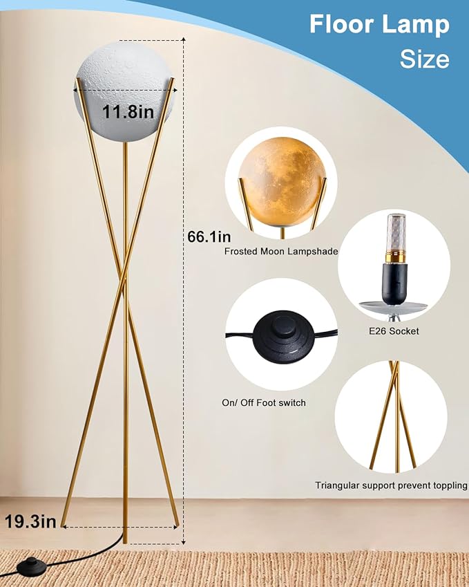 Lightdot 66" Globe Moon Floor Lamp for Living Room Modern Gold Tripod Floor Lamp with 3D Printing Frosted Shade E26 300K Bulbs Included Mid Century Tall Pole Lamp for Bedroom Office
