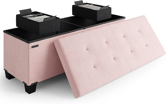 STORAGEBUD Storage Ottoman Bench with Bins, 43-in Storage Bench for Bedroom End of Bed, Folding Foot Rest Ottoman for Living Room Max 660lbs, Velvet Ottomans, Pink