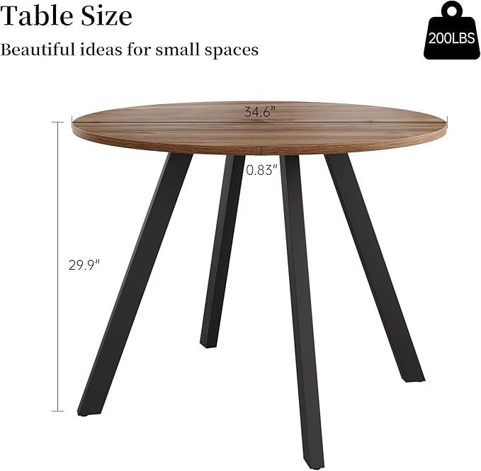 34.6 Inch Walnut Round Dining Table for 4, Space-Saving Dinette Perfect for Kitchen Dining Living Room(Walnut Table)