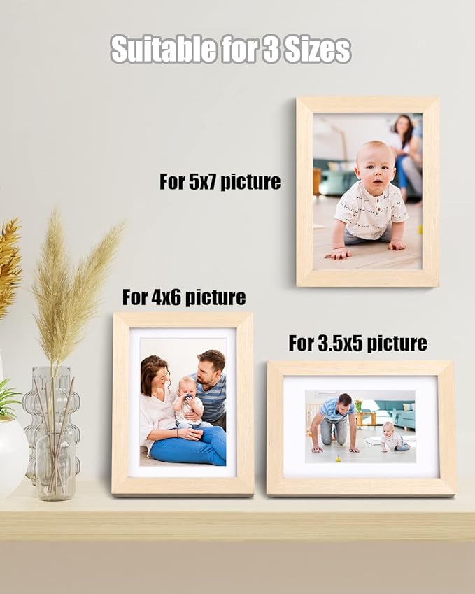 Egofine 5x7 Picture Frame Made of Solid Wood with Plexiglass, Display Pictures 3.5x5/4x6 with Mat or 5x7 Without Mat for Tabletop and Wall Mounting, Oak Wood