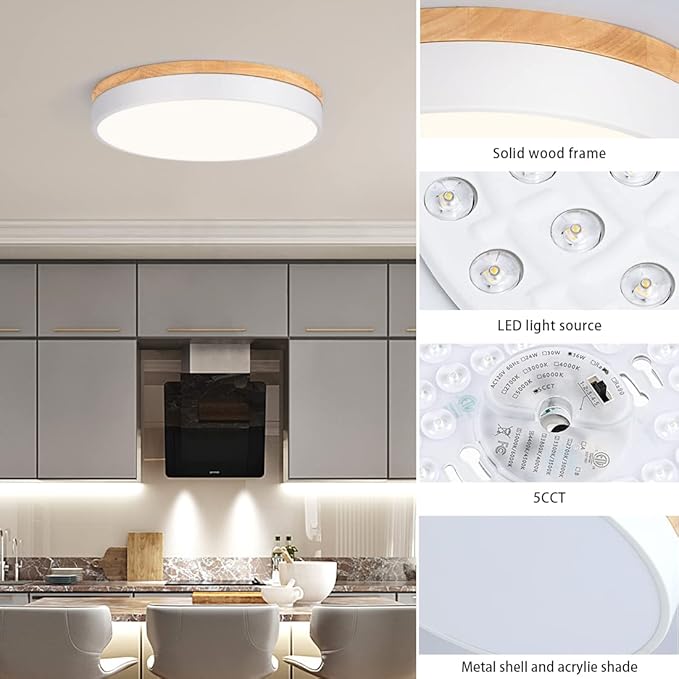 Dimmable Modern Wood Ceiling Light, White LED 5CCT 2700K-6000K Flush Mount Ceiling Lighting Fixture, Round Light Fixtures for Kitchen Living Room Dining Room Bedroom-15.8in